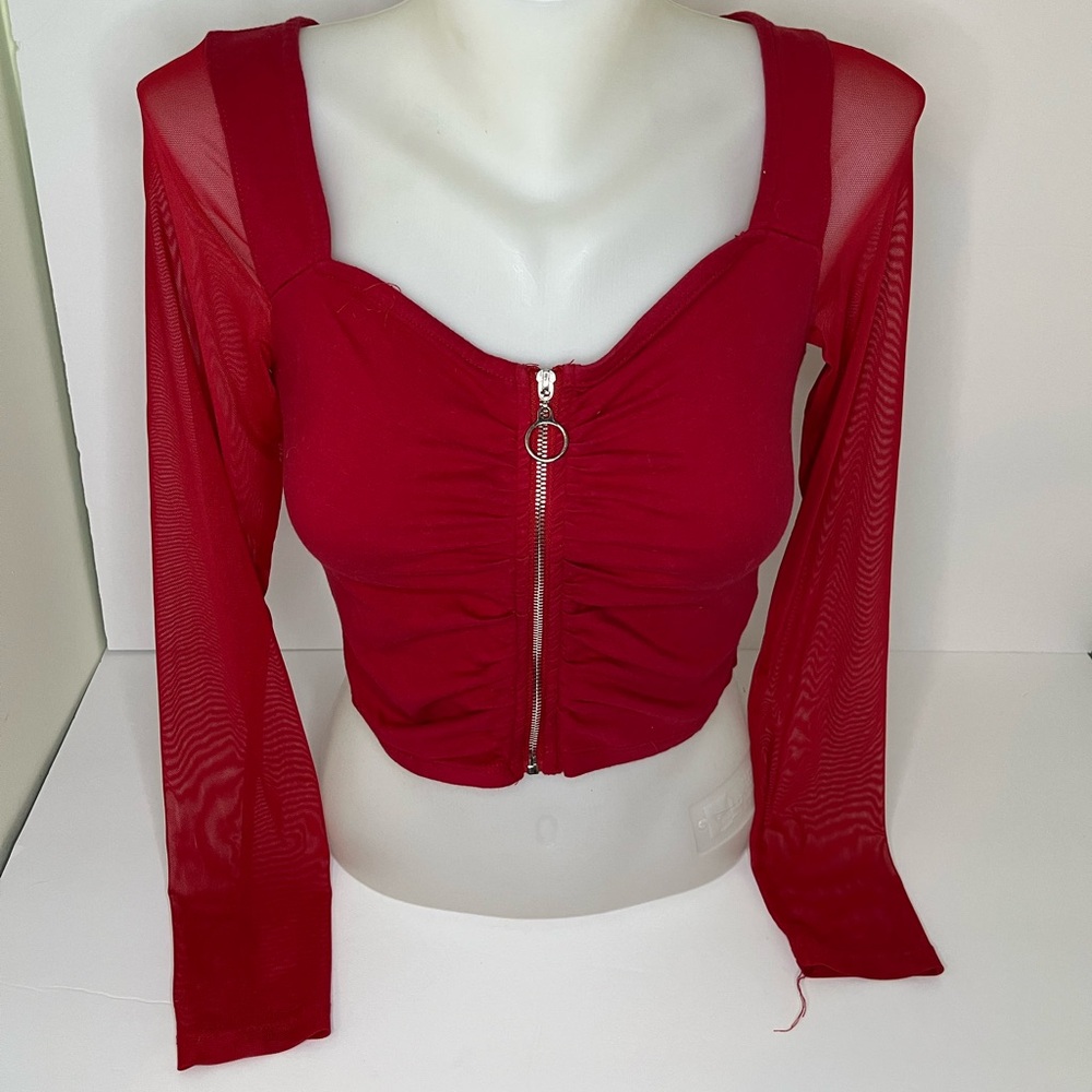 Red Zip-Front Ruched Mesh Sleeve Crop Top